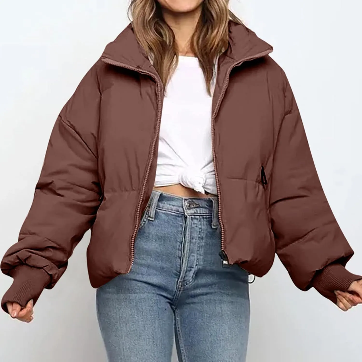 Women Cropped Puffer Jacket Winter Zip Up Short Padded Down Coat Long Sleeve Casual Quilted Baggy Short Padded Jacket