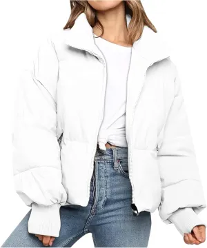 Women Cropped Puffer Jacket Winter Zip Up Short Padded Down Coat Long Sleeve Casual Quilted Baggy Short Padded Jacket
