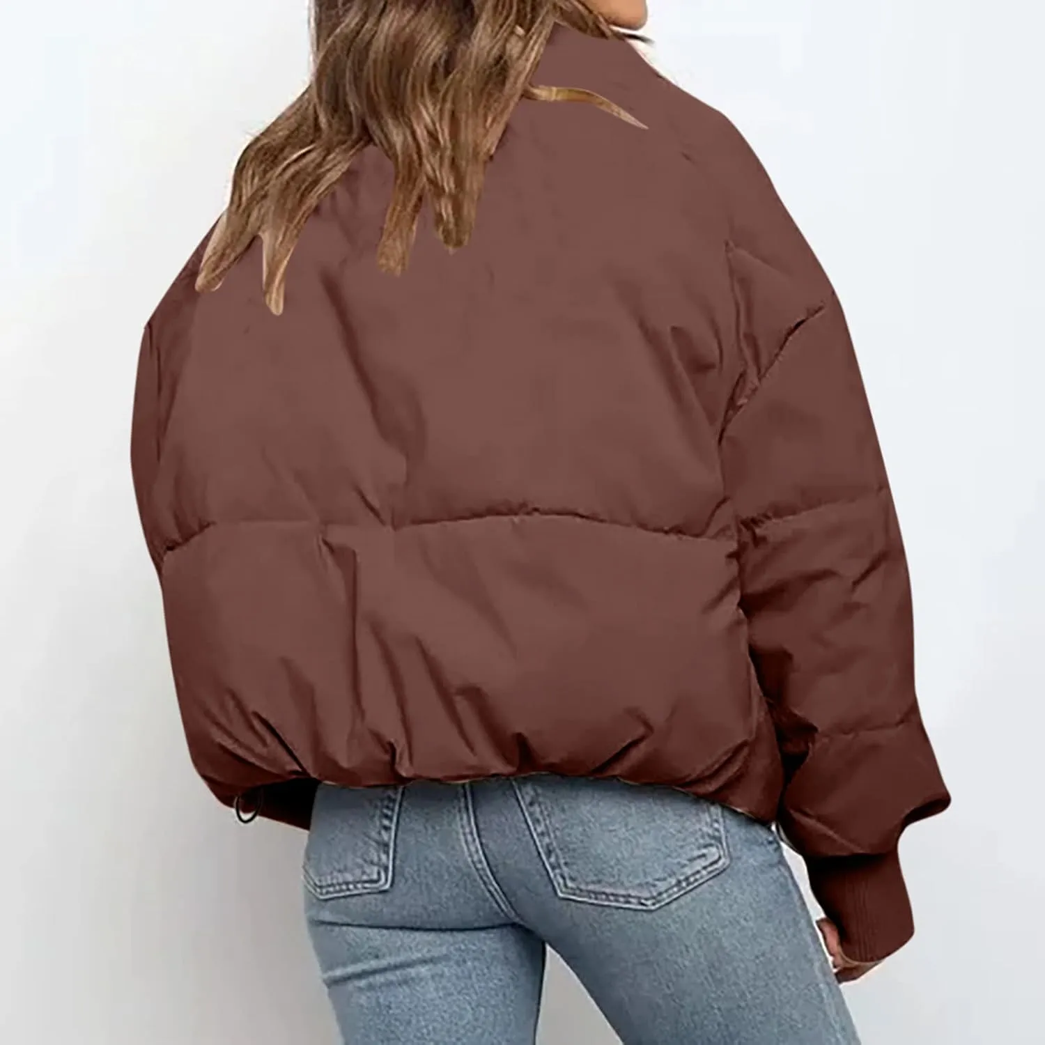 Women Cropped Puffer Jacket Winter Zip Up Short Padded Down Coat Long Sleeve Casual Quilted Baggy Short Padded Jacket
