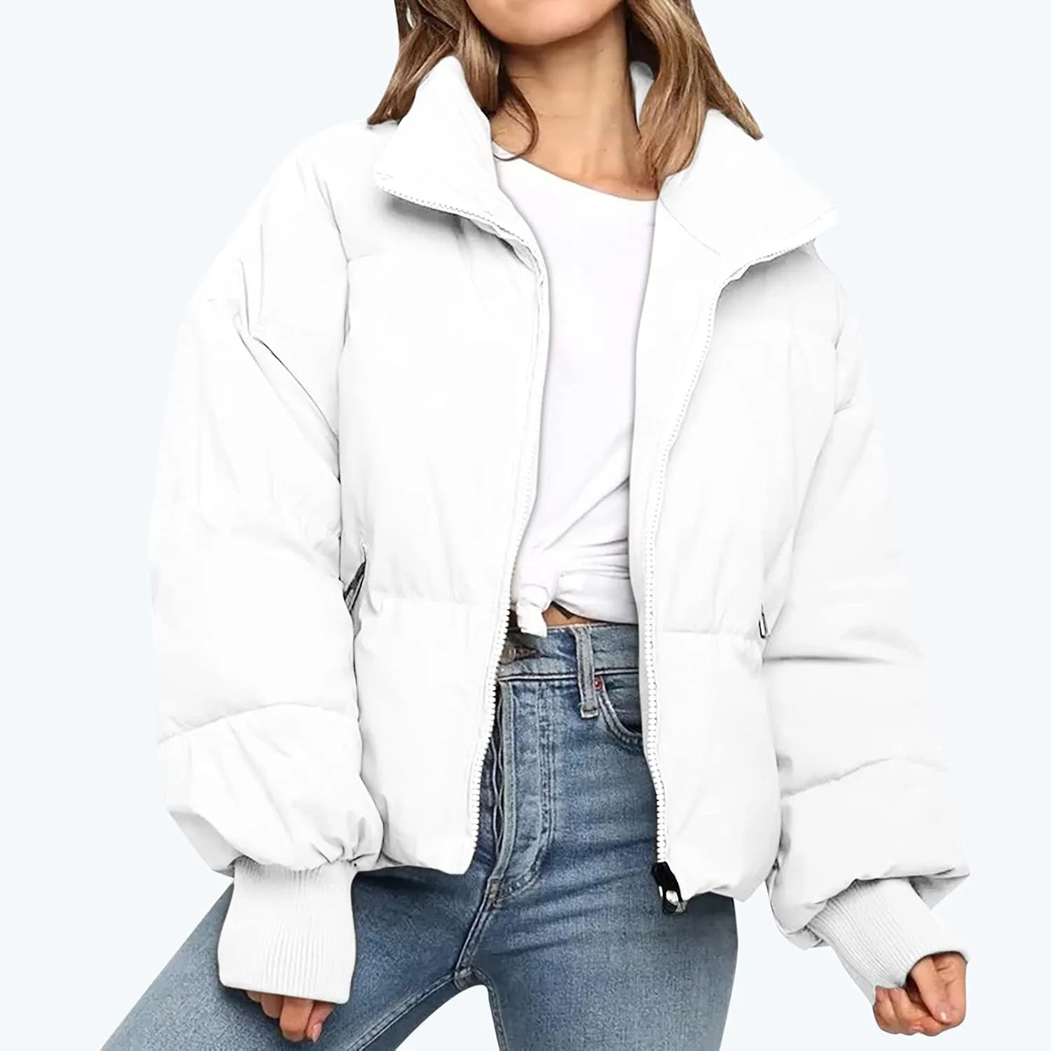 Women Cropped Puffer Jacket Winter Zip Up Short Padded Down Coat Long Sleeve Casual Quilted Baggy Short Padded Jacket