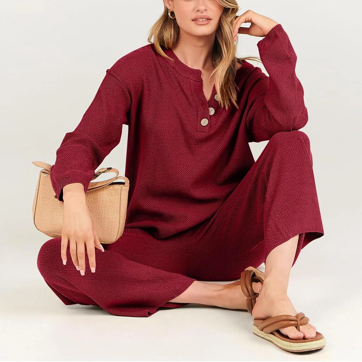 Women Fall 2 Piece Outfits Oversized Knit Loungewear Loose Slouchy Sweater Set Trendy Matching Lounge Sets