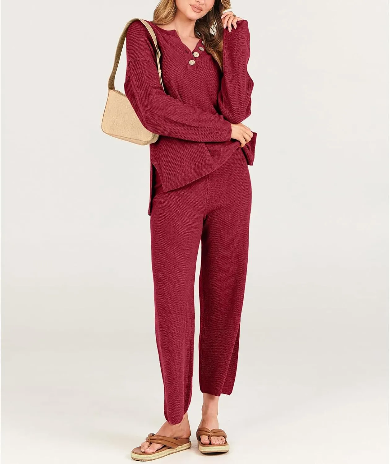 Women Fall 2 Piece Outfits Oversized Knit Loungewear Loose Slouchy Sweater Set Trendy Matching Lounge Sets