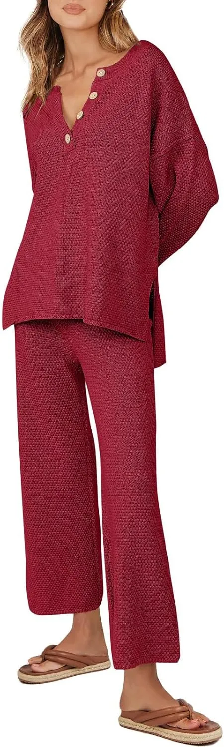 Women Fall 2 Piece Outfits Oversized Knit Loungewear Loose Slouchy Sweater Set Trendy Matching Lounge Sets
