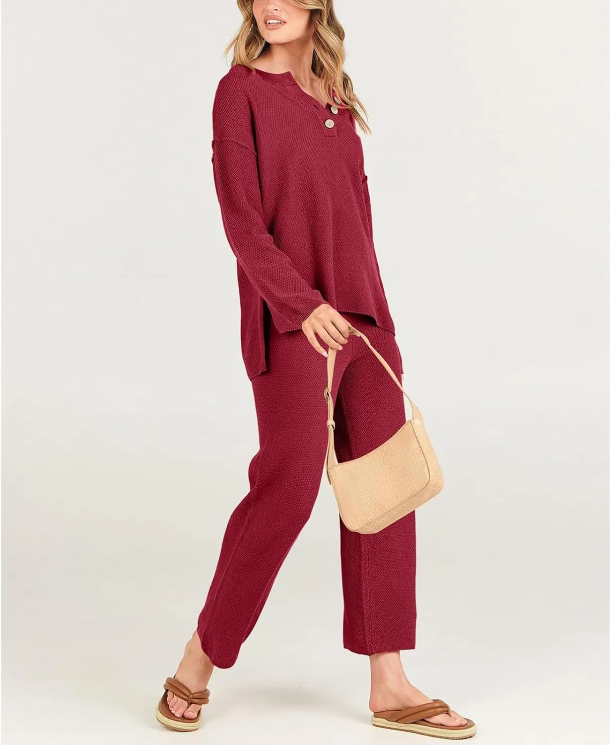 Women Fall 2 Piece Outfits Oversized Knit Loungewear Loose Slouchy Sweater Set Trendy Matching Lounge Sets