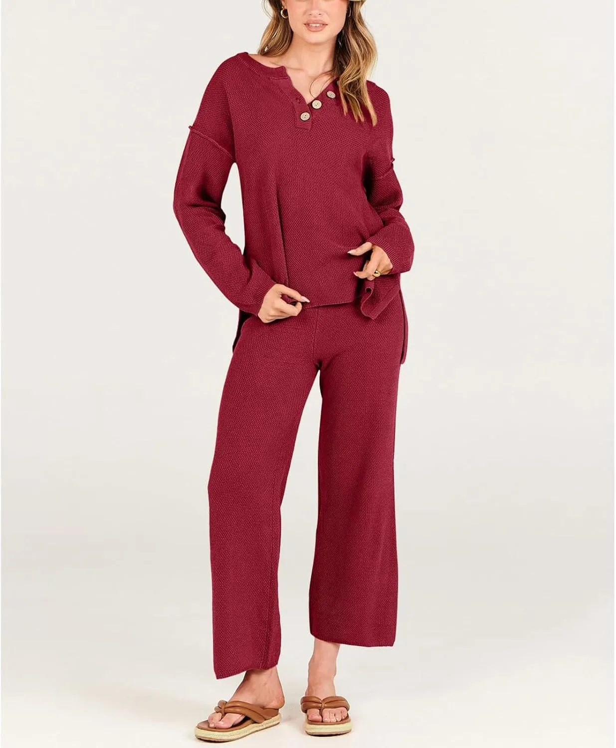 Women Fall 2 Piece Outfits Oversized Knit Loungewear Loose Slouchy Sweater Set Trendy Matching Lounge Sets