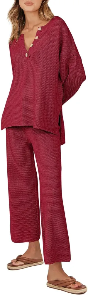 Women Fall 2 Piece Outfits Oversized Knit Loungewear Loose Slouchy Sweater Set Trendy Matching Lounge Sets