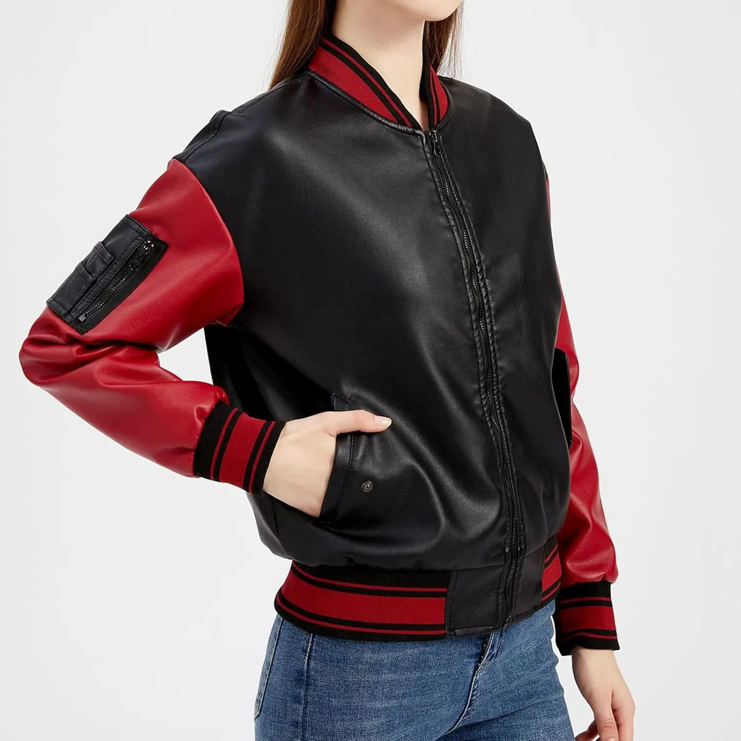Women Faux Leather Sport Jacket Ladies Color-block Coat Teen Girls Stand Collar Uniform Loose Jackets Blazer