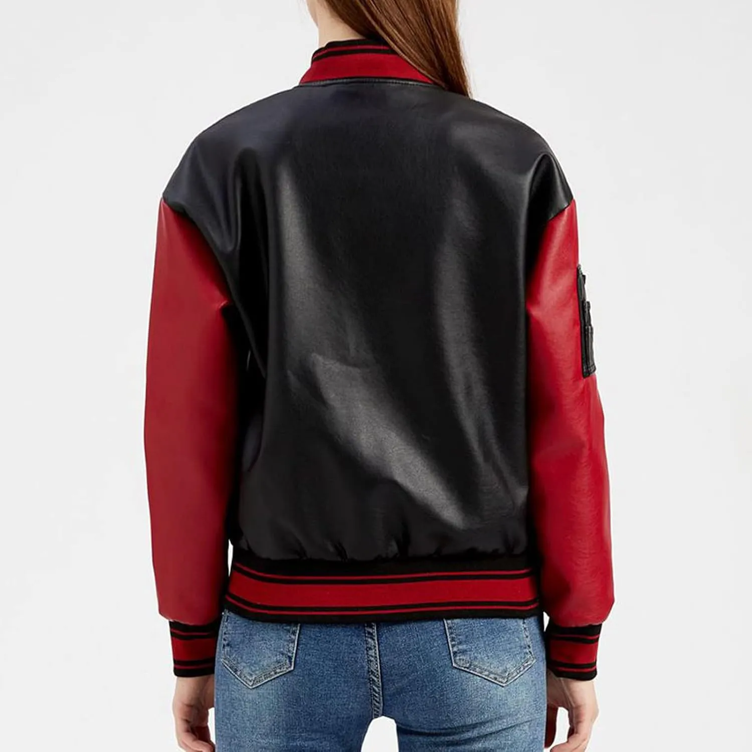 Women Faux Leather Sport Jacket Ladies Color-block Coat Teen Girls Stand Collar Uniform Loose Jackets Blazer