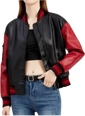 Women Faux Leather Sport Jacket Ladies Color-block Coat Teen Girls Stand Collar Uniform Loose Jackets Blazer