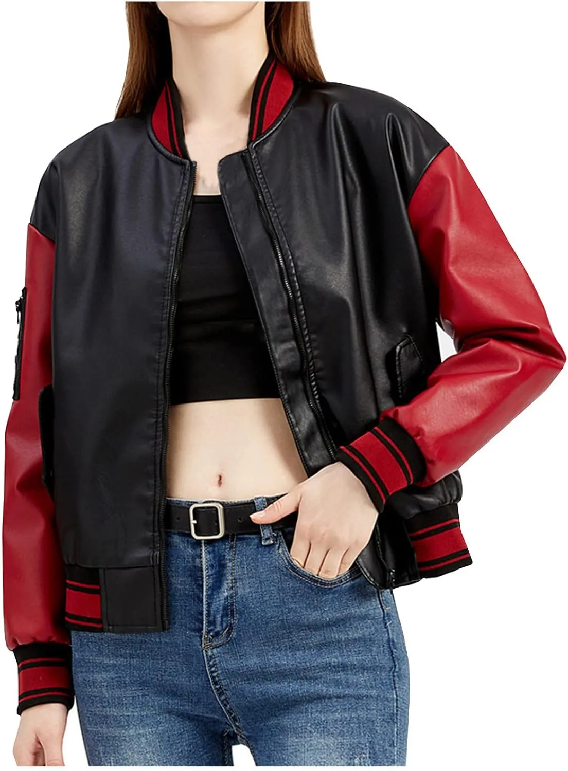 Women Faux Leather Sport Jacket Ladies Color-block Coat Teen Girls Stand Collar Uniform Loose Jackets Blazer