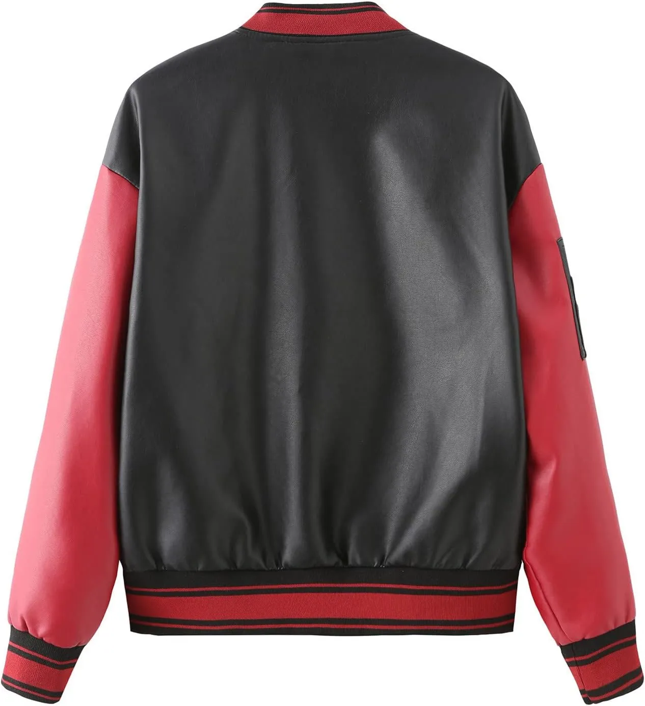 Women Faux Leather Sport Jacket Ladies Color-block Coat Teen Girls Stand Collar Uniform Loose Jackets Blazer