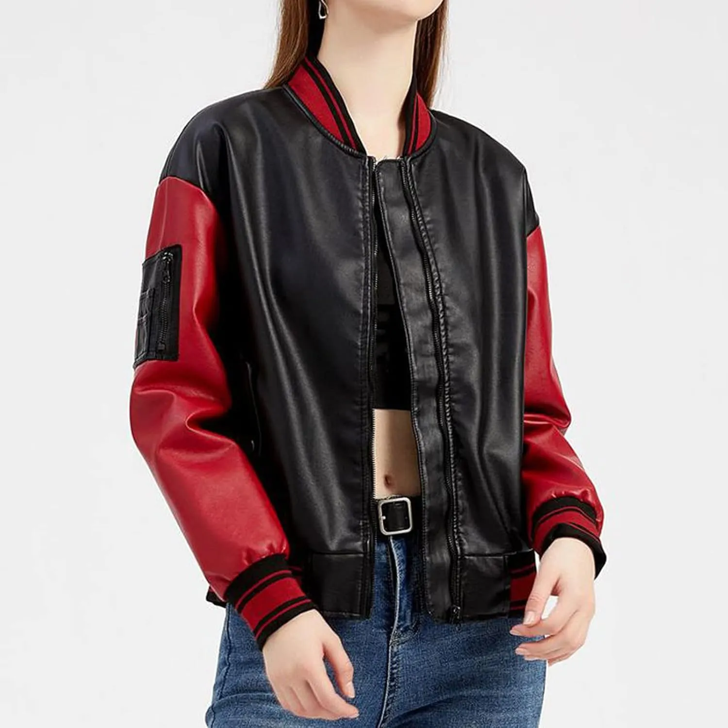 Women Faux Leather Sport Jacket Ladies Color-block Coat Teen Girls Stand Collar Uniform Loose Jackets Blazer
