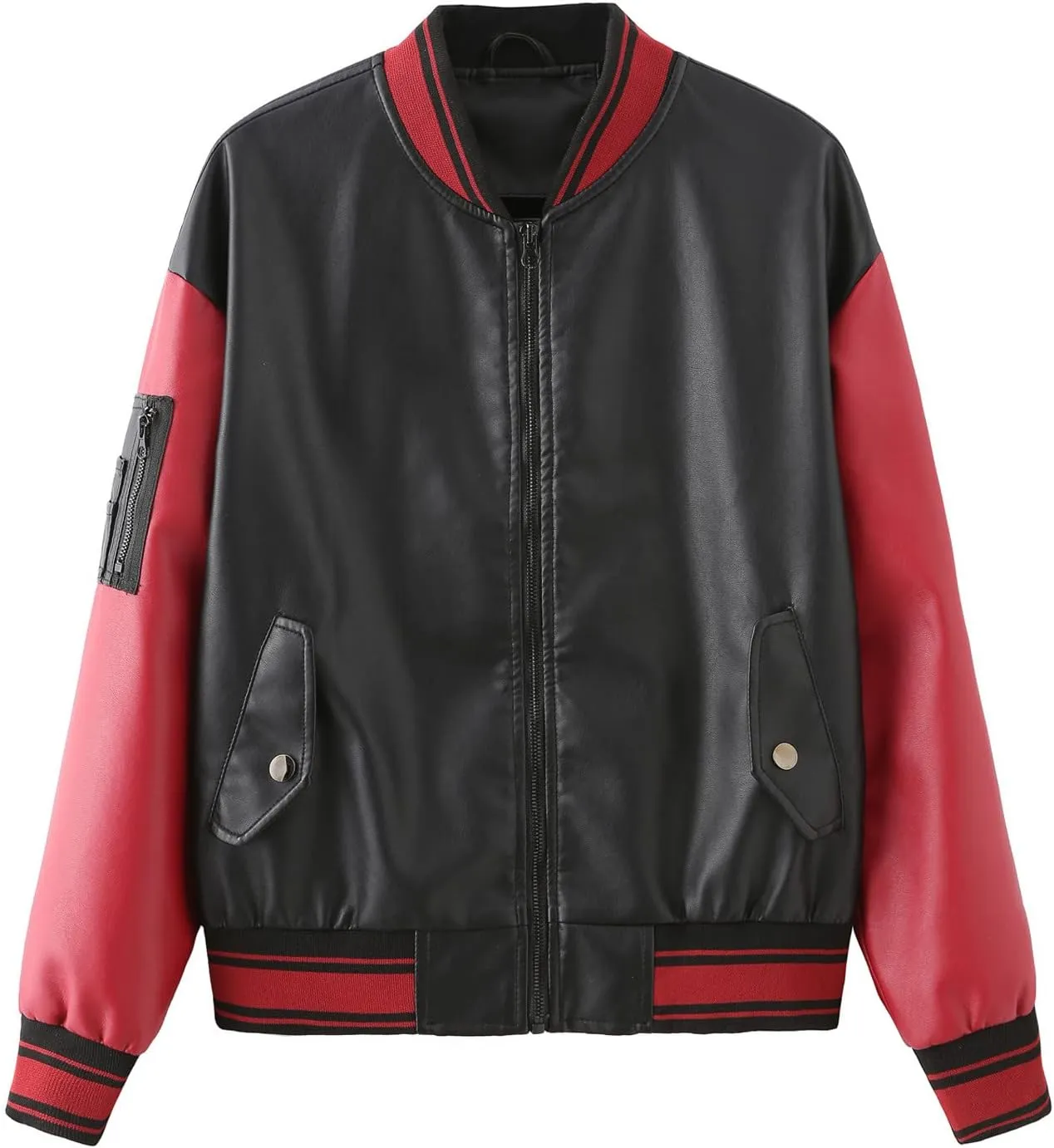 Women Faux Leather Sport Jacket Ladies Color-block Coat Teen Girls Stand Collar Uniform Loose Jackets Blazer