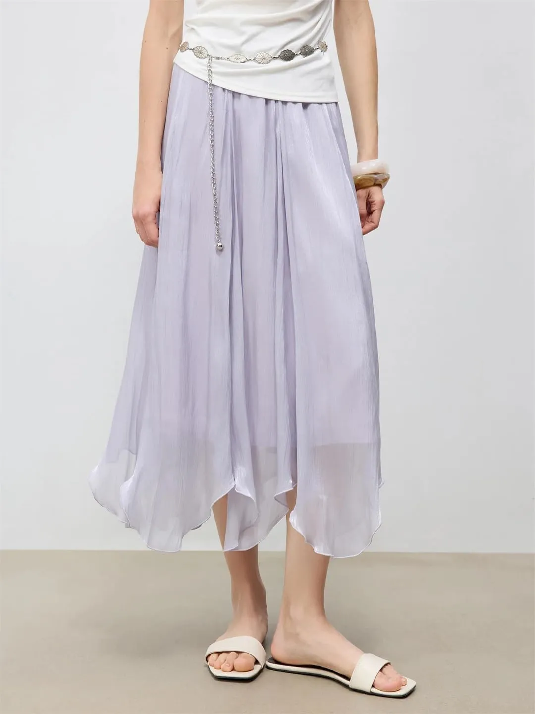 Women Glossy Irregular Style A-Line Long Skirt Tulle Petal Skirt