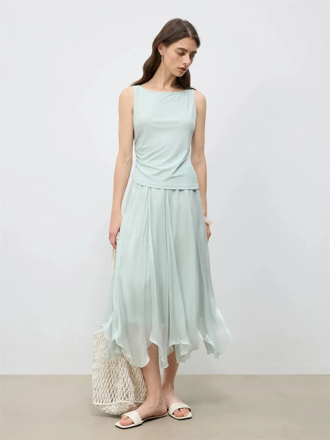 Women Glossy Irregular Style A-Line Long Skirt Tulle Petal Skirt