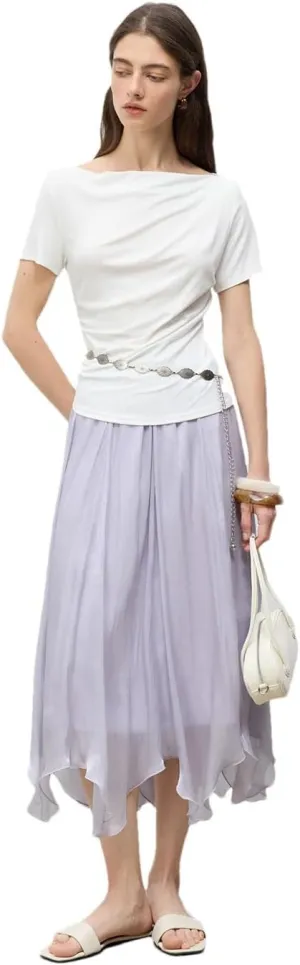 Women Glossy Irregular Style A-Line Long Skirt Tulle Petal Skirt