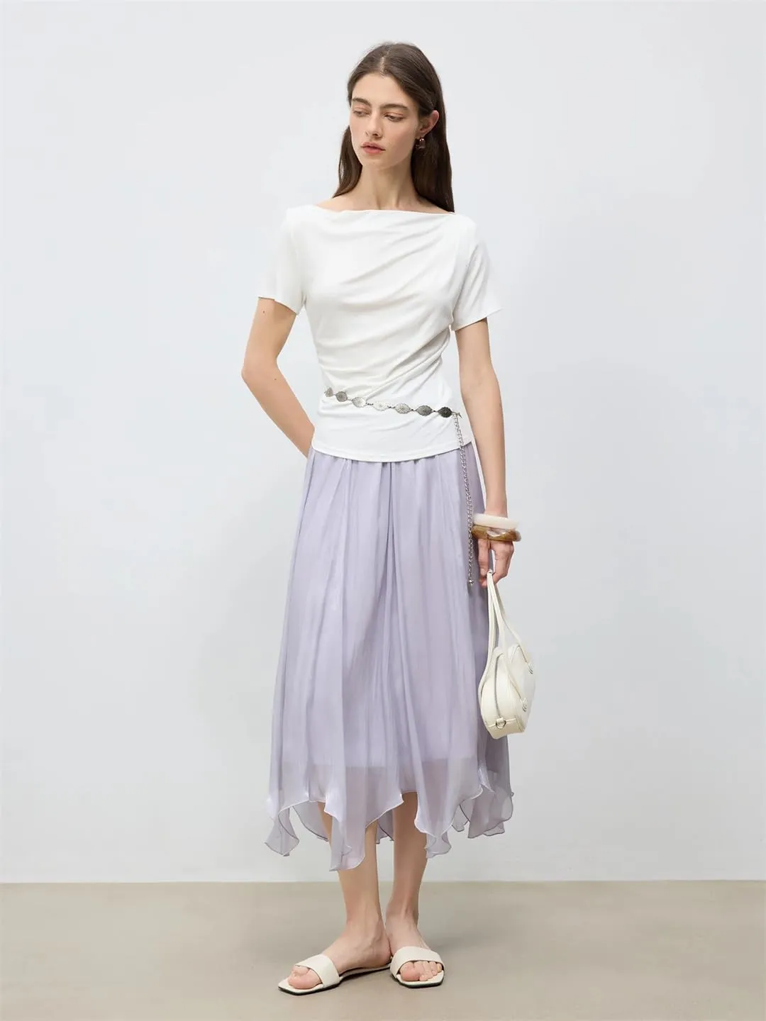 Women Glossy Irregular Style A-Line Long Skirt Tulle Petal Skirt