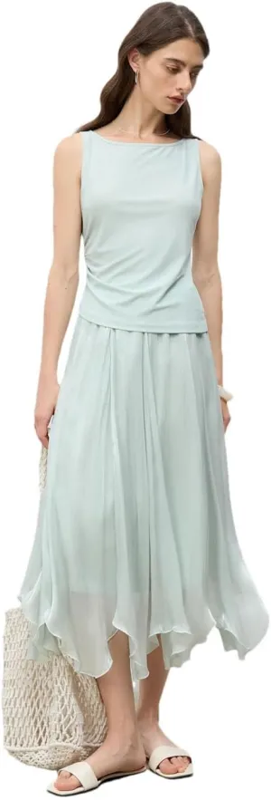 Women Glossy Irregular Style A-Line Long Skirt Tulle Petal Skirt