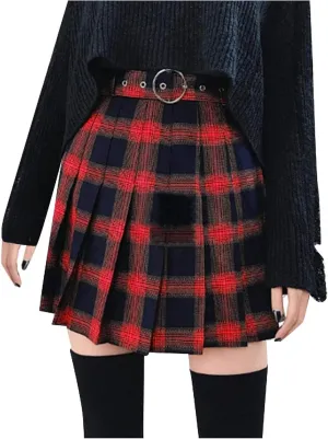 Women Gothic Skirts A Line Plaid Skirt High Waist Mini Skirt Lace Up Flare Skirts Short Pleated Skirt Steampunk Skirt