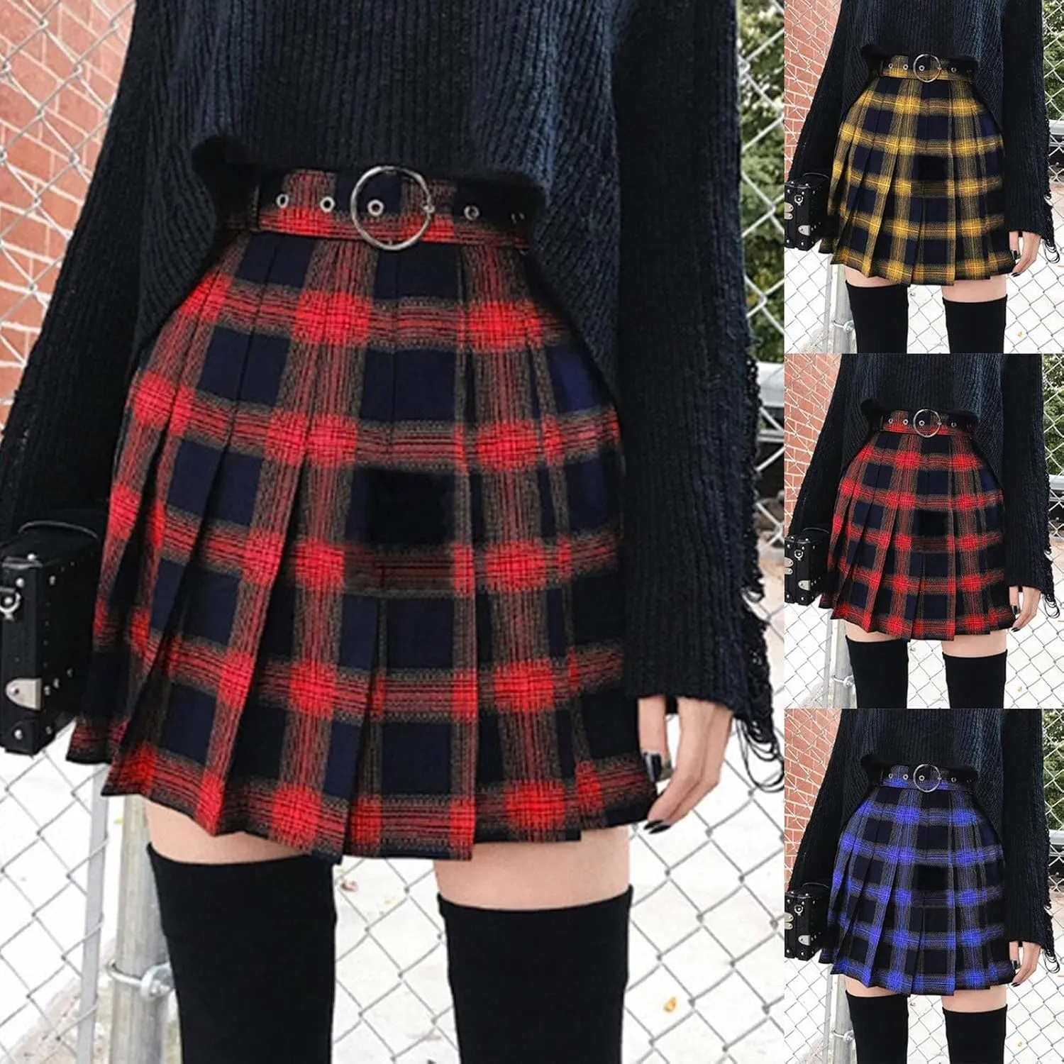 Women Gothic Skirts A Line Plaid Skirt High Waist Mini Skirt Lace Up Flare Skirts Short Pleated Skirt Steampunk Skirt