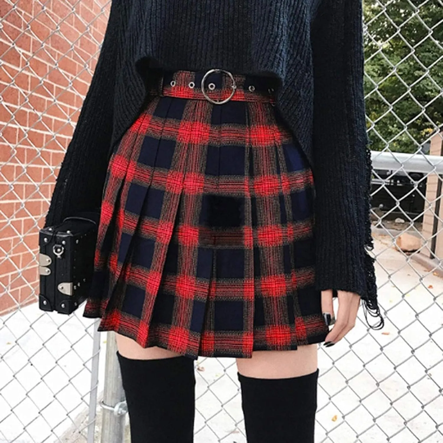Women Gothic Skirts A Line Plaid Skirt High Waist Mini Skirt Lace Up Flare Skirts Short Pleated Skirt Steampunk Skirt