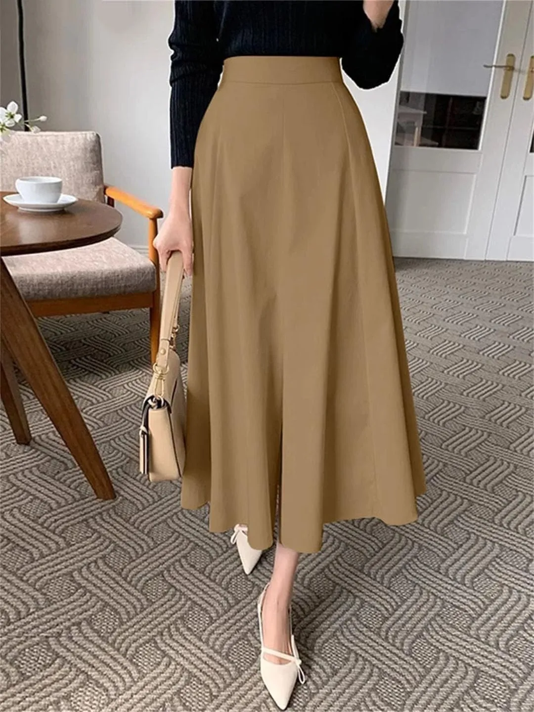 Women High Waist Work Casual Solid Skirt Elegant A-Line Party Sundress