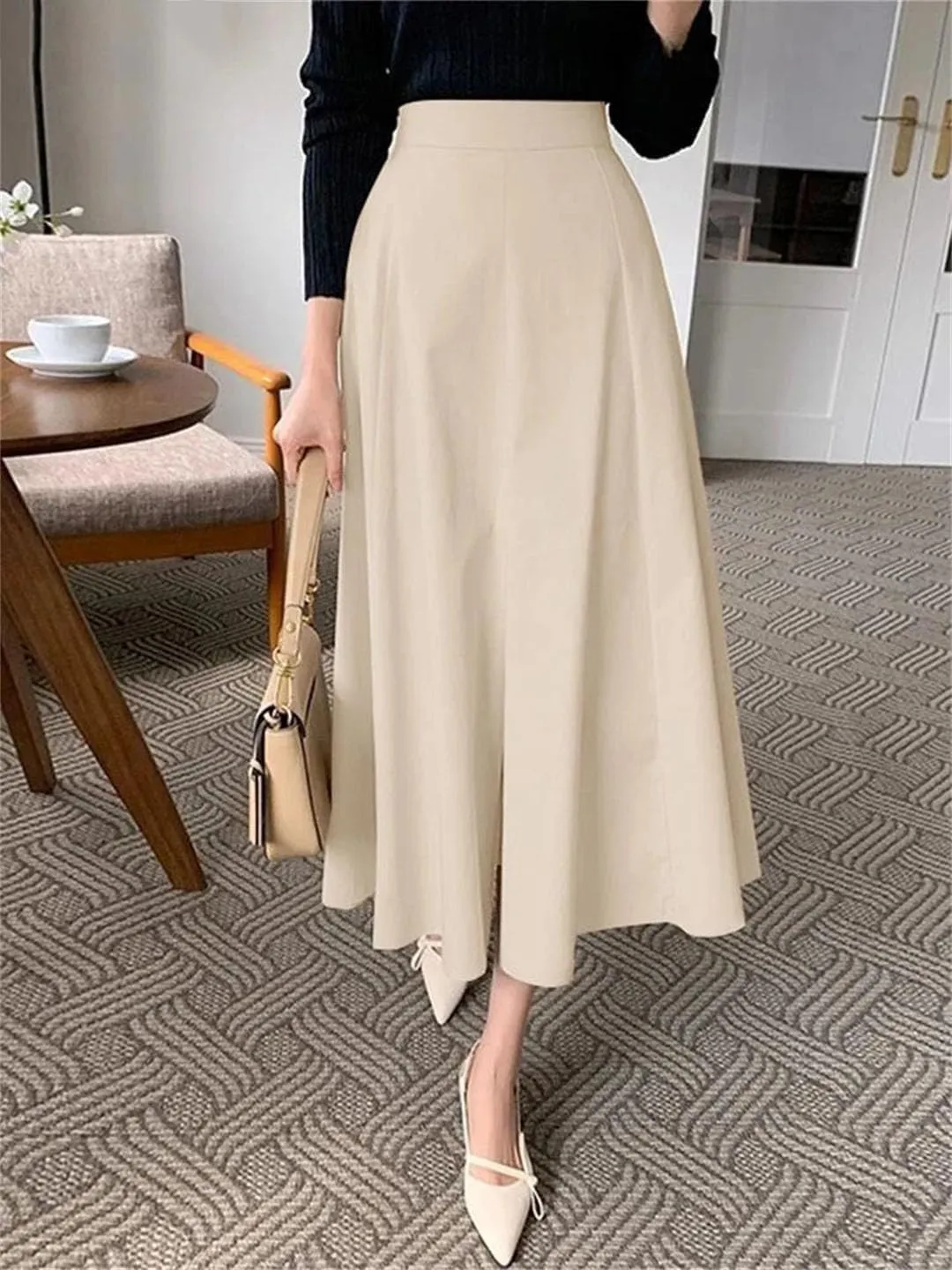 Women High Waist Work Casual Solid Skirt Elegant A-Line Party Sundress