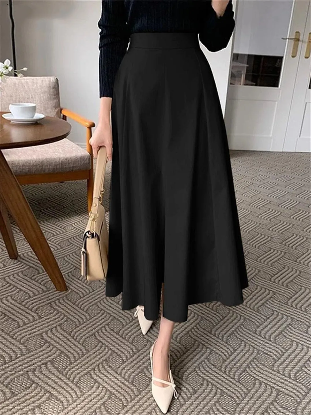 Women High Waist Work Casual Solid Skirt Elegant A-Line Party Sundress
