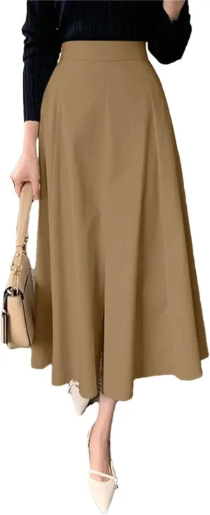 Women High Waist Work Casual Solid Skirt Elegant A-Line Party Sundress