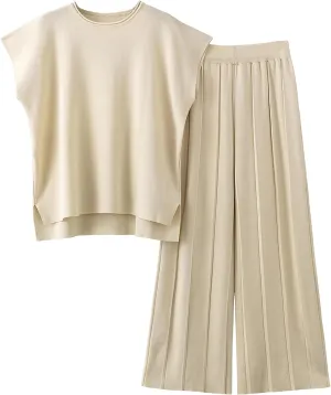 Women Knit 2 Piece Sweater Sets Pullover Tops High Waist Wide Leg Pants Lounge Set