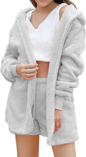Women Ladies Fuzzy 3 Piece Lounge Sets Tank Top Wide Leg Short Pants Cardigan Jacket Fleece Pajamas Set Loungewear