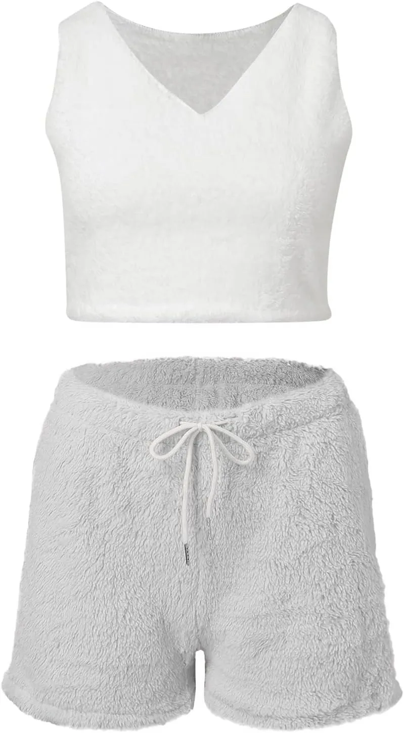 Women Ladies Fuzzy 3 Piece Lounge Sets Tank Top Wide Leg Short Pants Cardigan Jacket Fleece Pajamas Set Loungewear