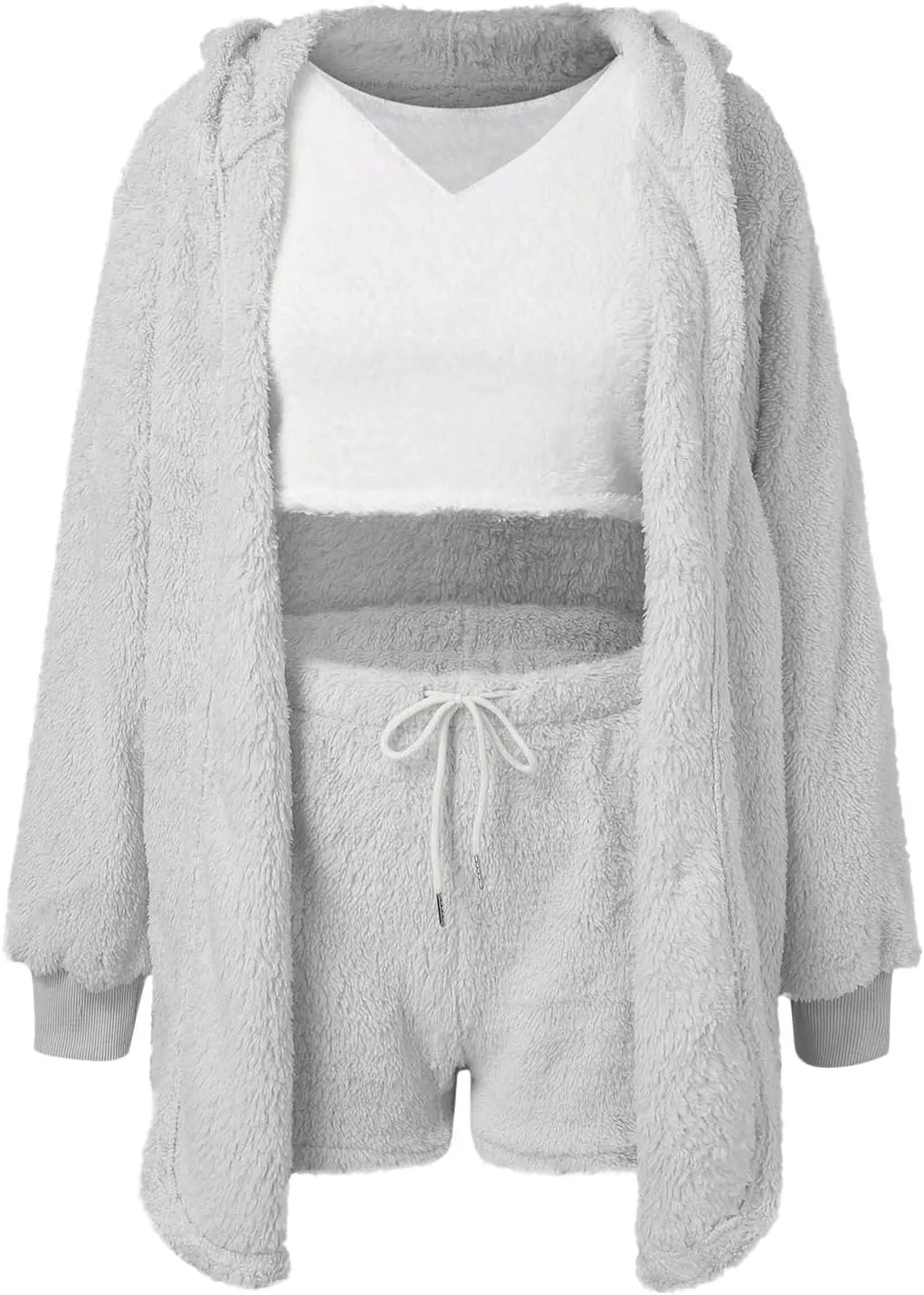 Women Ladies Fuzzy 3 Piece Lounge Sets Tank Top Wide Leg Short Pants Cardigan Jacket Fleece Pajamas Set Loungewear