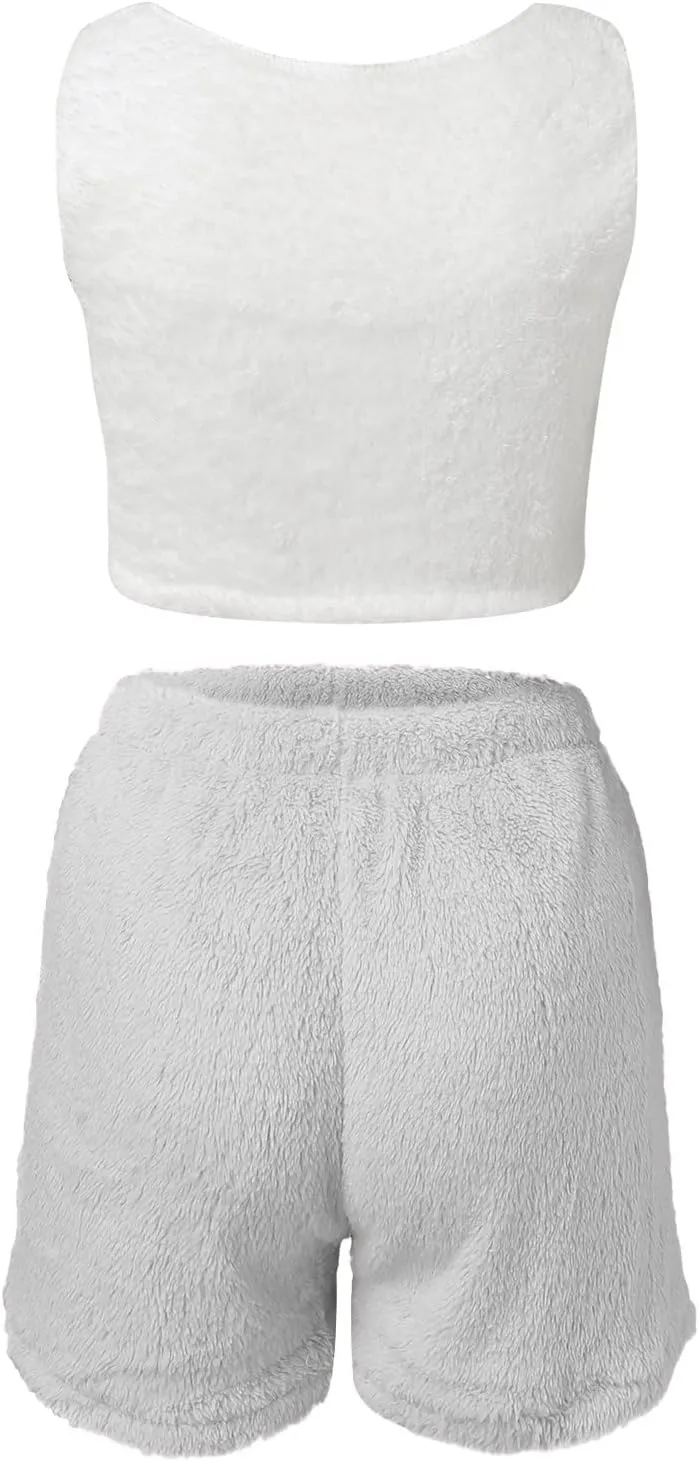 Women Ladies Fuzzy 3 Piece Lounge Sets Tank Top Wide Leg Short Pants Cardigan Jacket Fleece Pajamas Set Loungewear