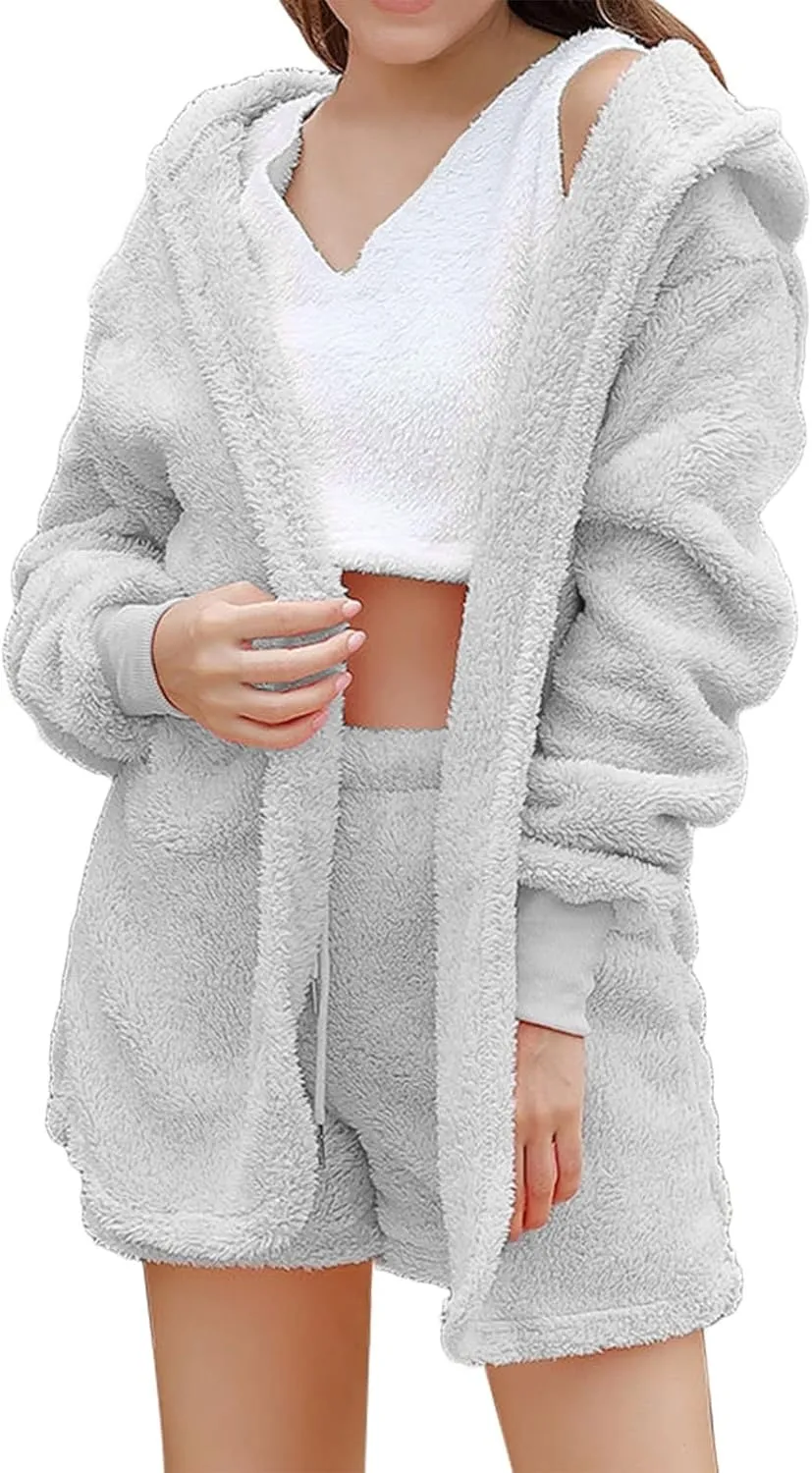 Women Ladies Fuzzy 3 Piece Lounge Sets Tank Top Wide Leg Short Pants Cardigan Jacket Fleece Pajamas Set Loungewear