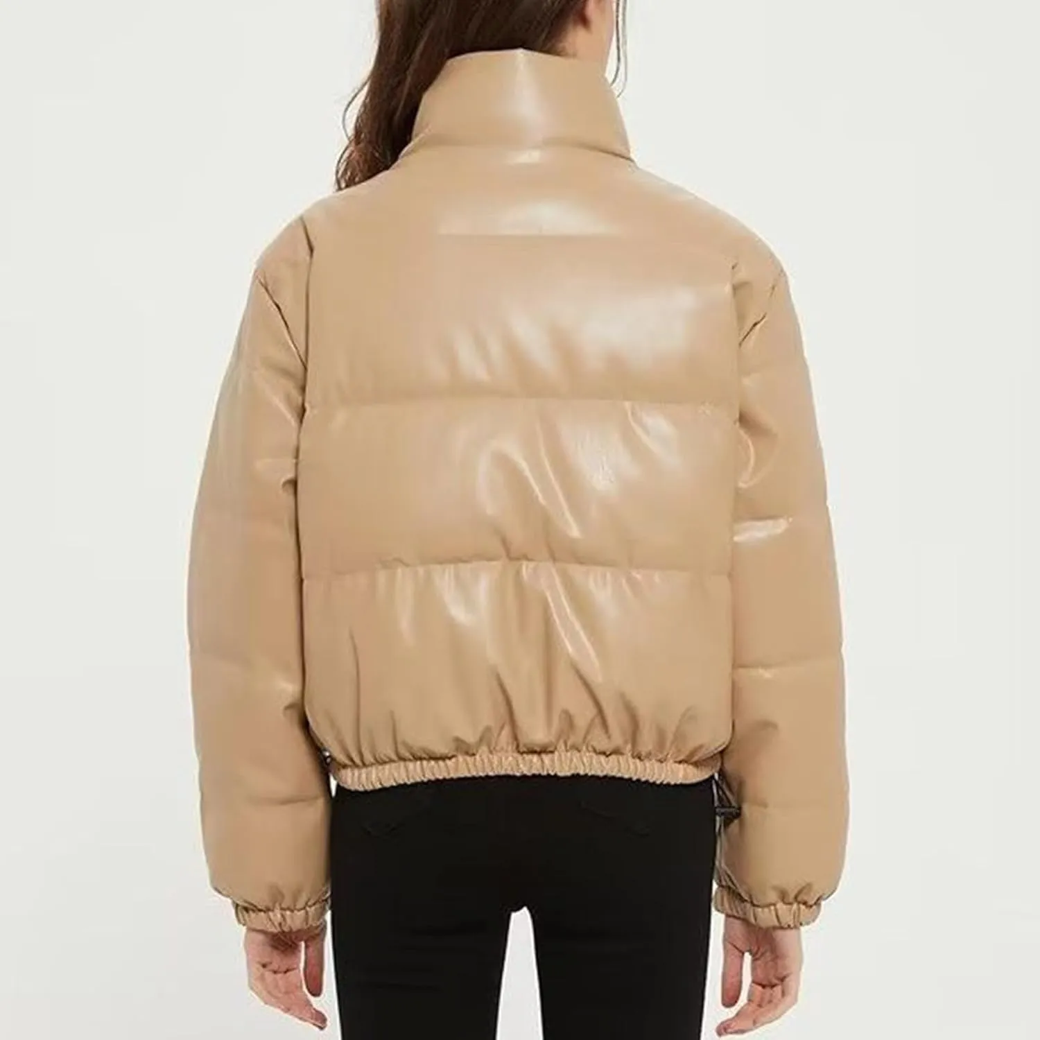 Women Leather Jackets Winter Cropped Puffer Jackets Thickened Down Coats Fashion Y2k Stand Collar Lightweight Outerwear