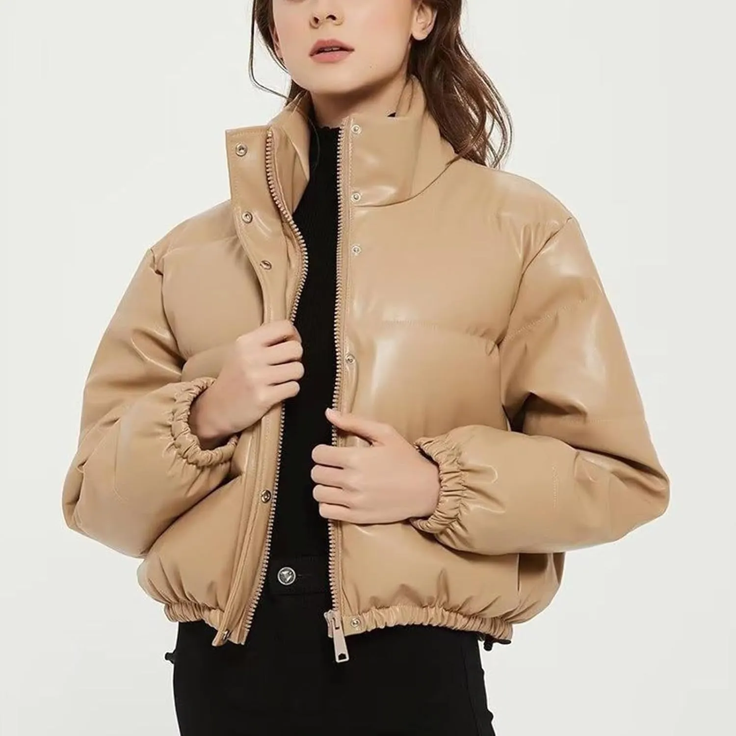 Women Leather Jackets Winter Cropped Puffer Jackets Thickened Down Coats Fashion Y2k Stand Collar Lightweight Outerwear