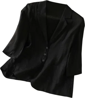 Women Lightweight Linen Blazer 3/4 Sleeve Button Open Front Suit Jackets Notched Lapel Work Thin Jacket with Pockets