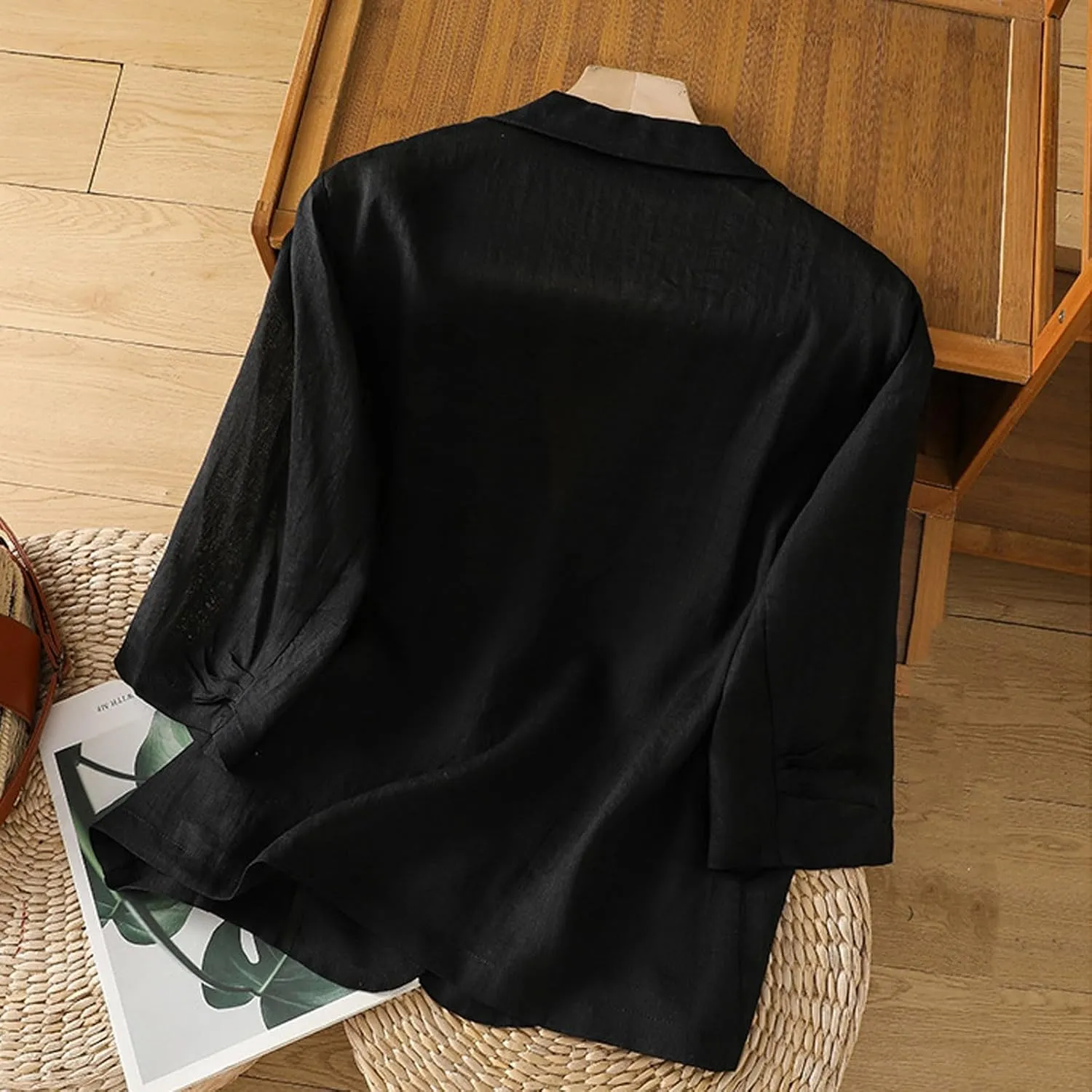Women Lightweight Linen Blazer 3/4 Sleeve Button Open Front Suit Jackets Notched Lapel Work Thin Jacket with Pockets