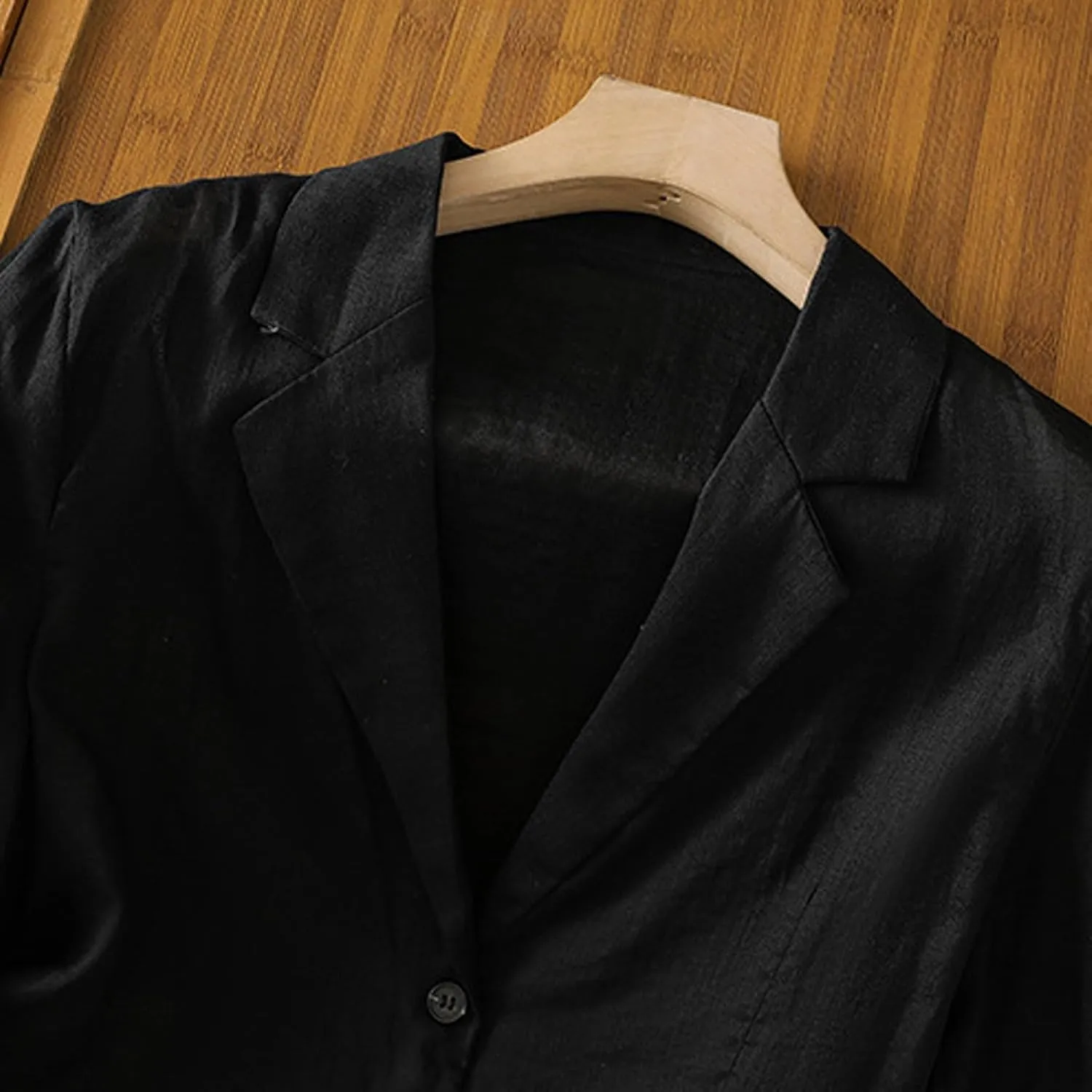Women Lightweight Linen Blazer 3/4 Sleeve Button Open Front Suit Jackets Notched Lapel Work Thin Jacket with Pockets