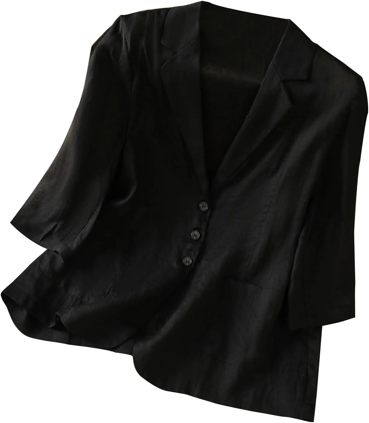 Women Lightweight Linen Blazer 3/4 Sleeve Button Open Front Suit Jackets Notched Lapel Work Thin Jacket with Pockets