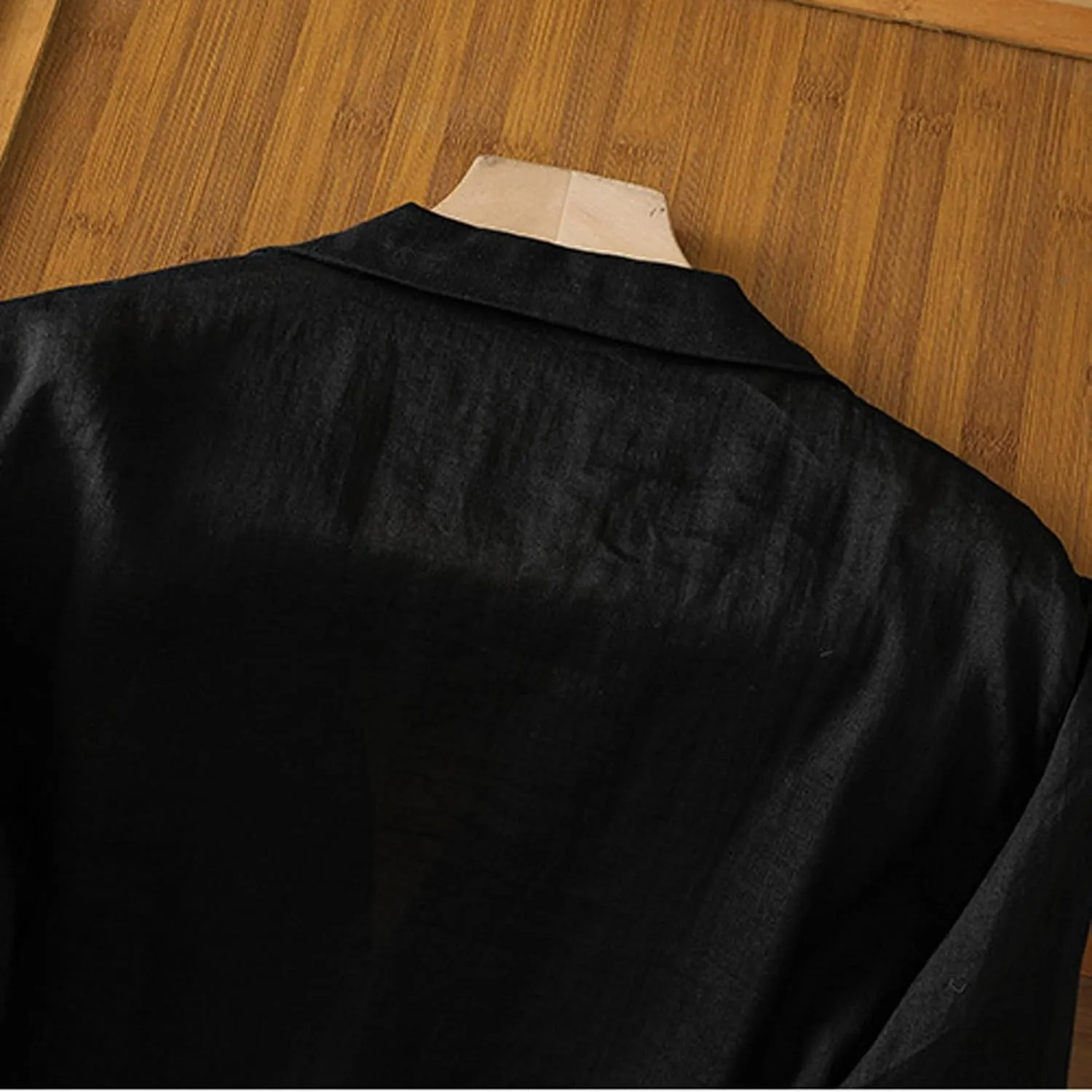 Women Lightweight Linen Blazer 3/4 Sleeve Button Open Front Suit Jackets Notched Lapel Work Thin Jacket with Pockets