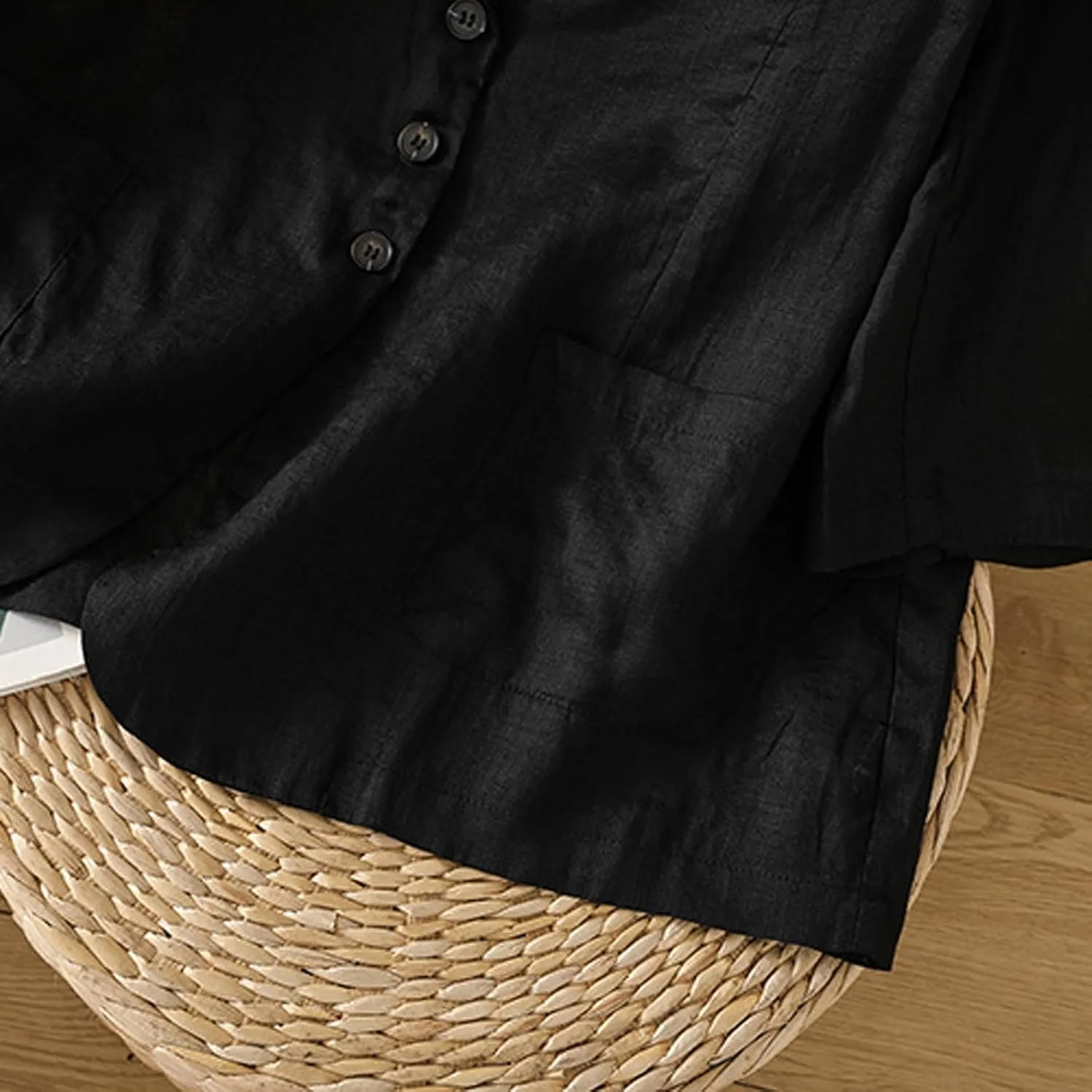 Women Lightweight Linen Blazer 3/4 Sleeve Button Open Front Suit Jackets Notched Lapel Work Thin Jacket with Pockets