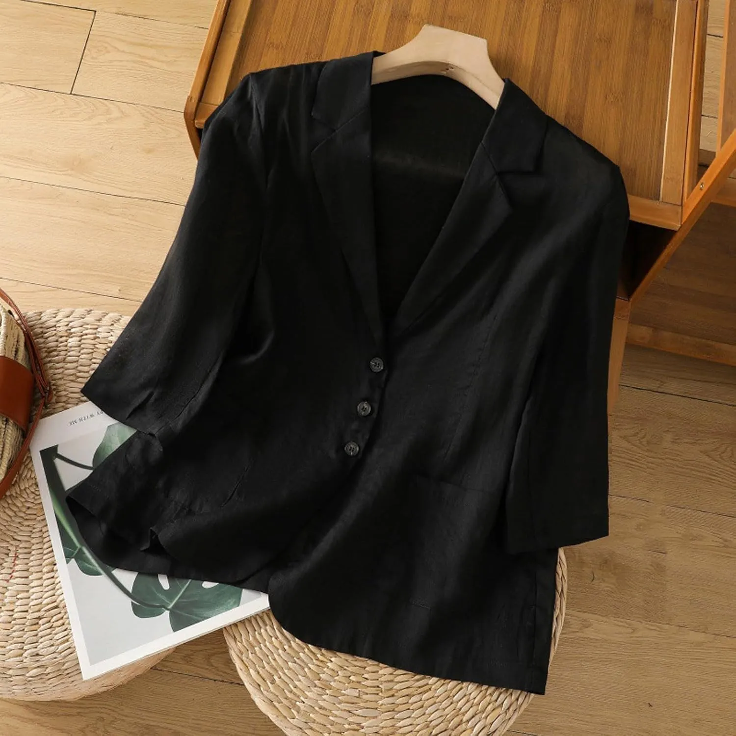 Women Lightweight Linen Blazer 3/4 Sleeve Button Open Front Suit Jackets Notched Lapel Work Thin Jacket with Pockets
