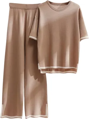 Women Lounge Set 2 Piece Casual Knit Sweater Outfit Lounge Short Sleeve Wear Pajama Jogger Travel Comfy Trendy Clothes