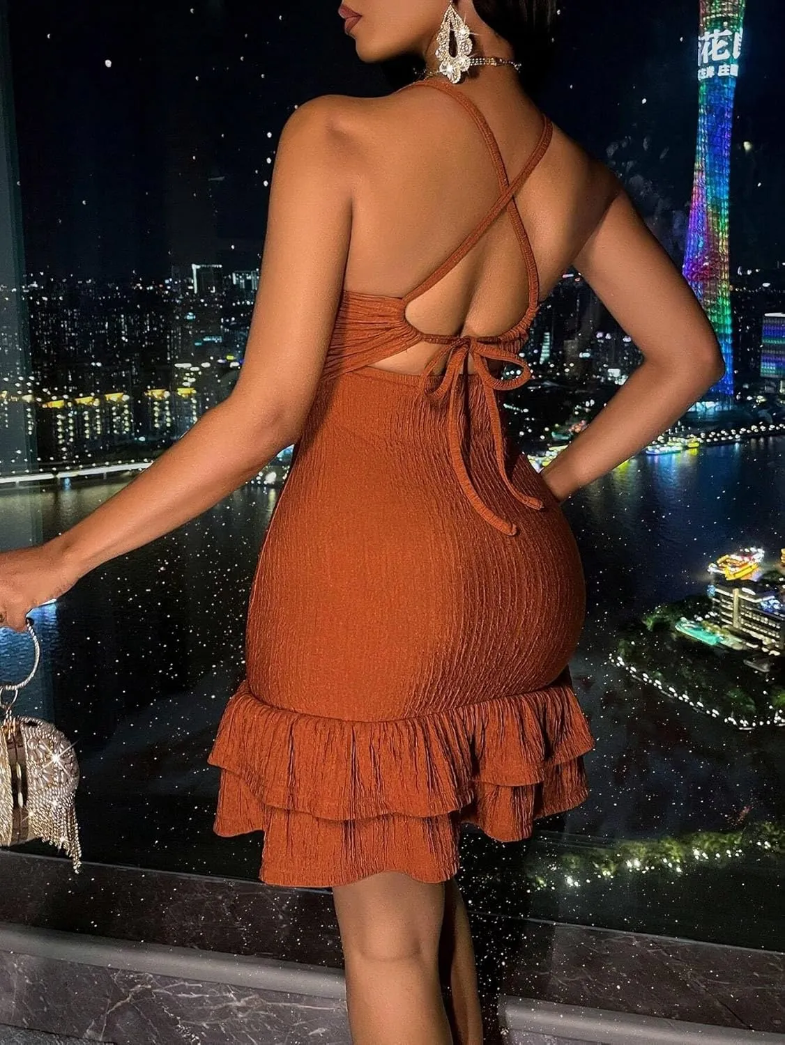 Women Midi Dresses Sexy Solid Front Tie Double Ruffle Hem Slip Short Dress