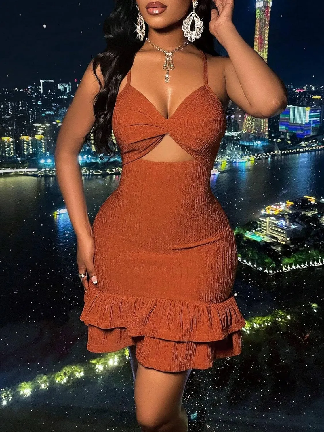Women Midi Dresses Sexy Solid Front Tie Double Ruffle Hem Slip Short Dress