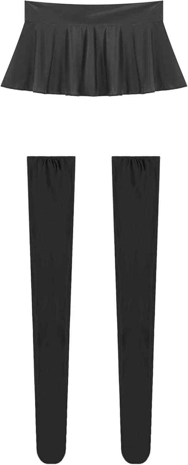 Women Oily Glossy Mini Pleated Skirts Elastic High Waist Ruffle A-Line Mini Skirts
