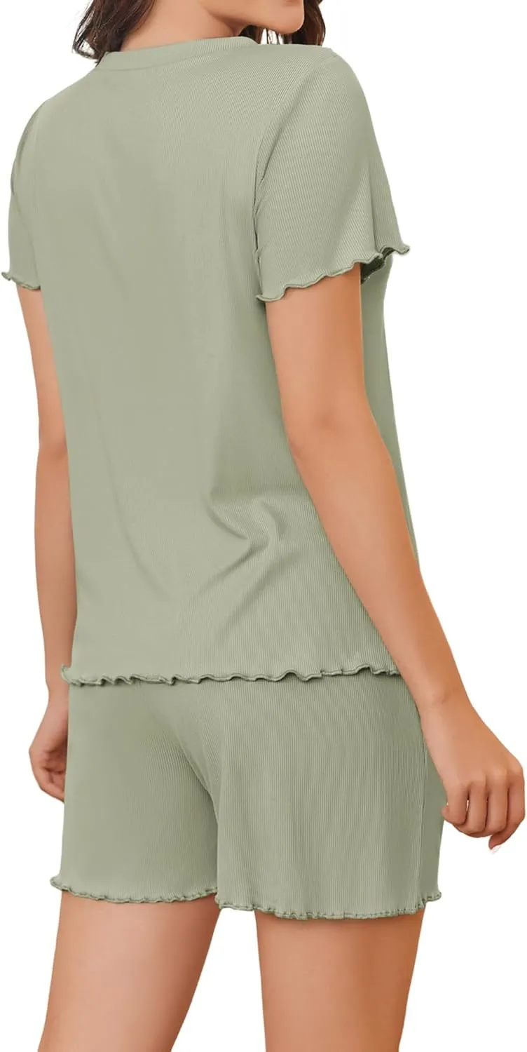 Women Pajama Set Ribbed Knit Lounge Sets Short Sleeve Shirts and Shorts Two Piece Outfits Summer Soft Comfy Loungewear