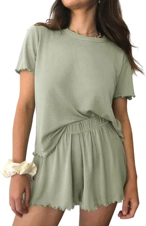Women Pajama Set Ribbed Knit Lounge Sets Short Sleeve Shirts and Shorts Two Piece Outfits Summer Soft Comfy Loungewear